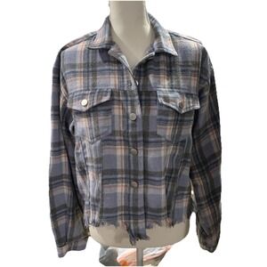 Altar'D State Abigail Shacket Cropped Grunge Soft Flannel Plaid Frayed Hem Small